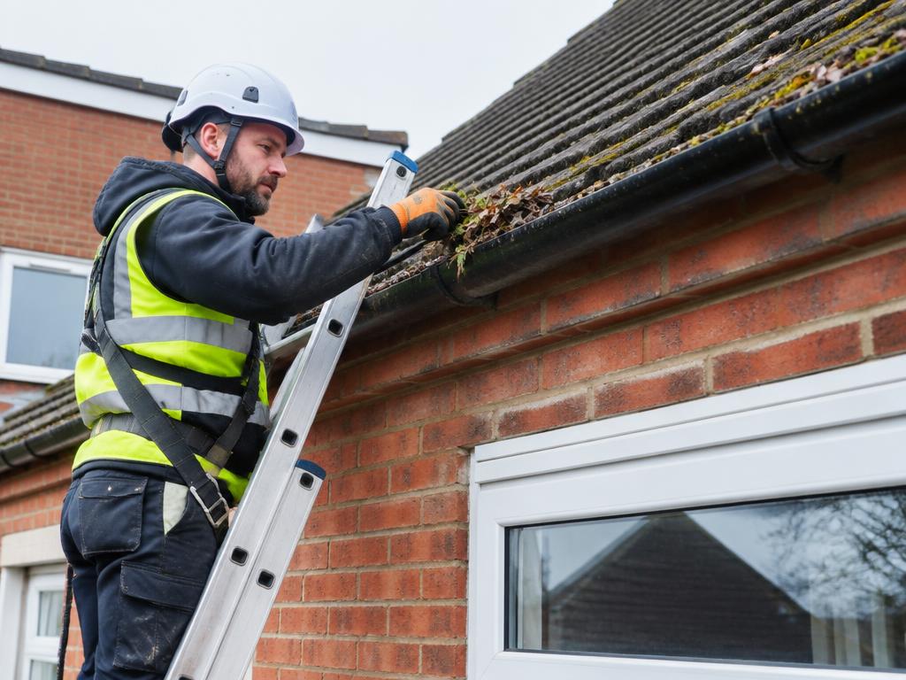 Clearing moss and leaves from a gutter