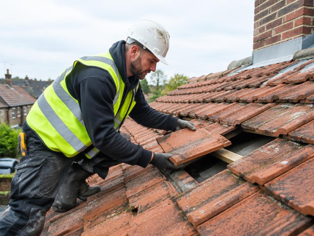 Roofer replacing broken roof tiles